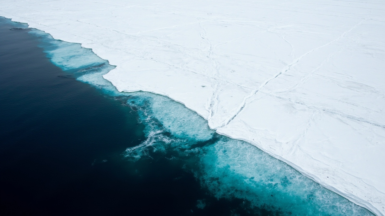 A retreating ice edge in the Beaufort Sea photographed from an oblique aerial angle showing dark open water beneath a thinning floe