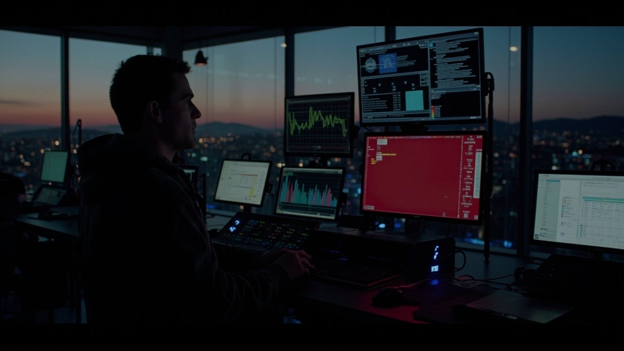 A network operations engineer reading a cloud services status page on a wall monitor in a dim control room