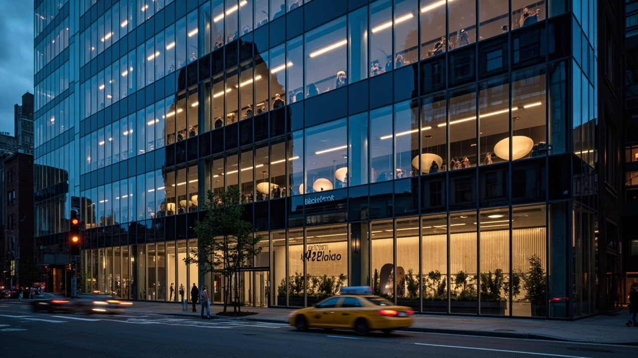 BlackRock's Hudson Yards headquarters at dusk with Manhattan skyline reflected in glass