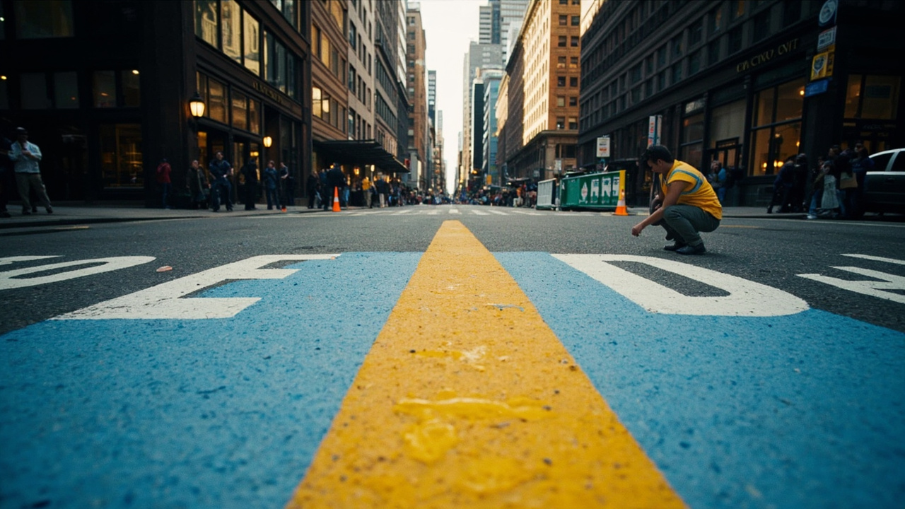 The Boston Marathon finish line on Boylston Street this week, fresh paint visible on the empty asphalt