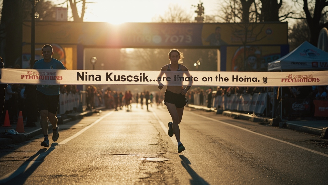 A starting-line banner on race morning with Nina Kuscsik's name printed across it