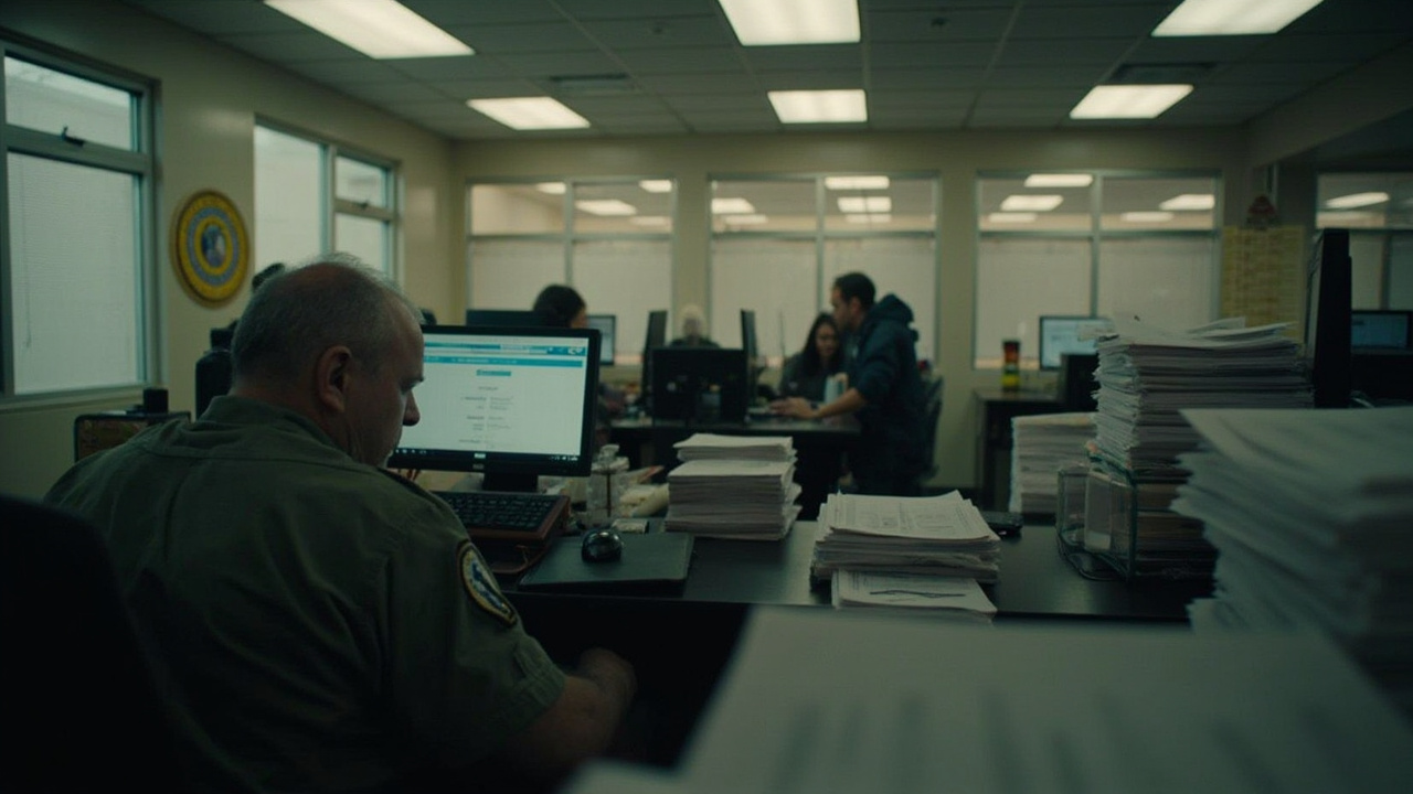 Customs and Border Protection trade office with staff at computer terminals preparing for portal launch