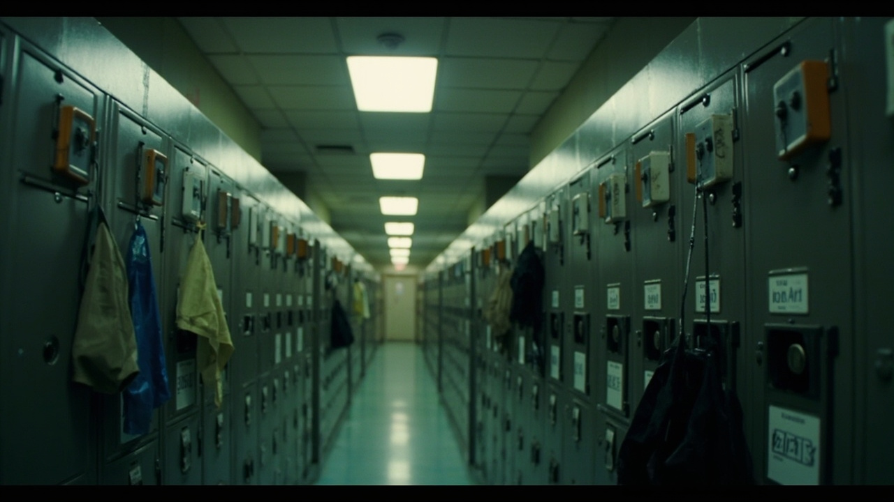 A row of middle-school lockers with magnetic phone-pouches attached to the doors, some open, some closed, under fluorescent hallway light