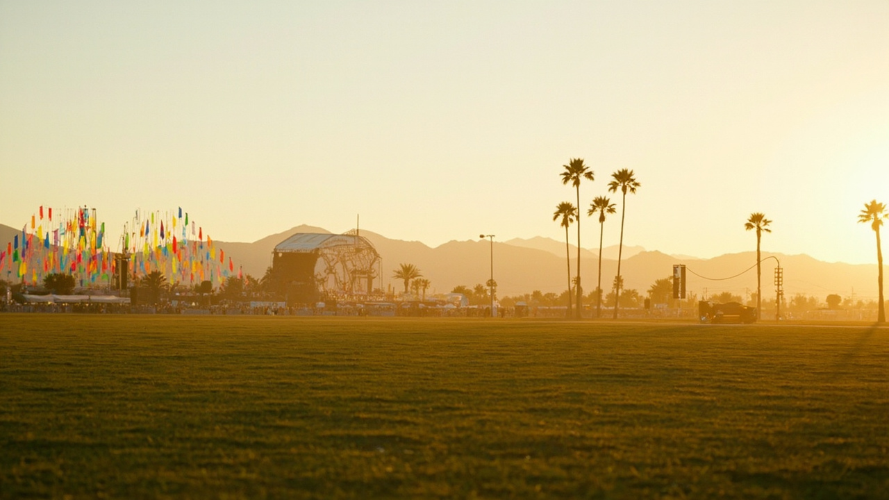 The Coachella main stage at golden hour before gates open, empty polo-field grass, flags limp