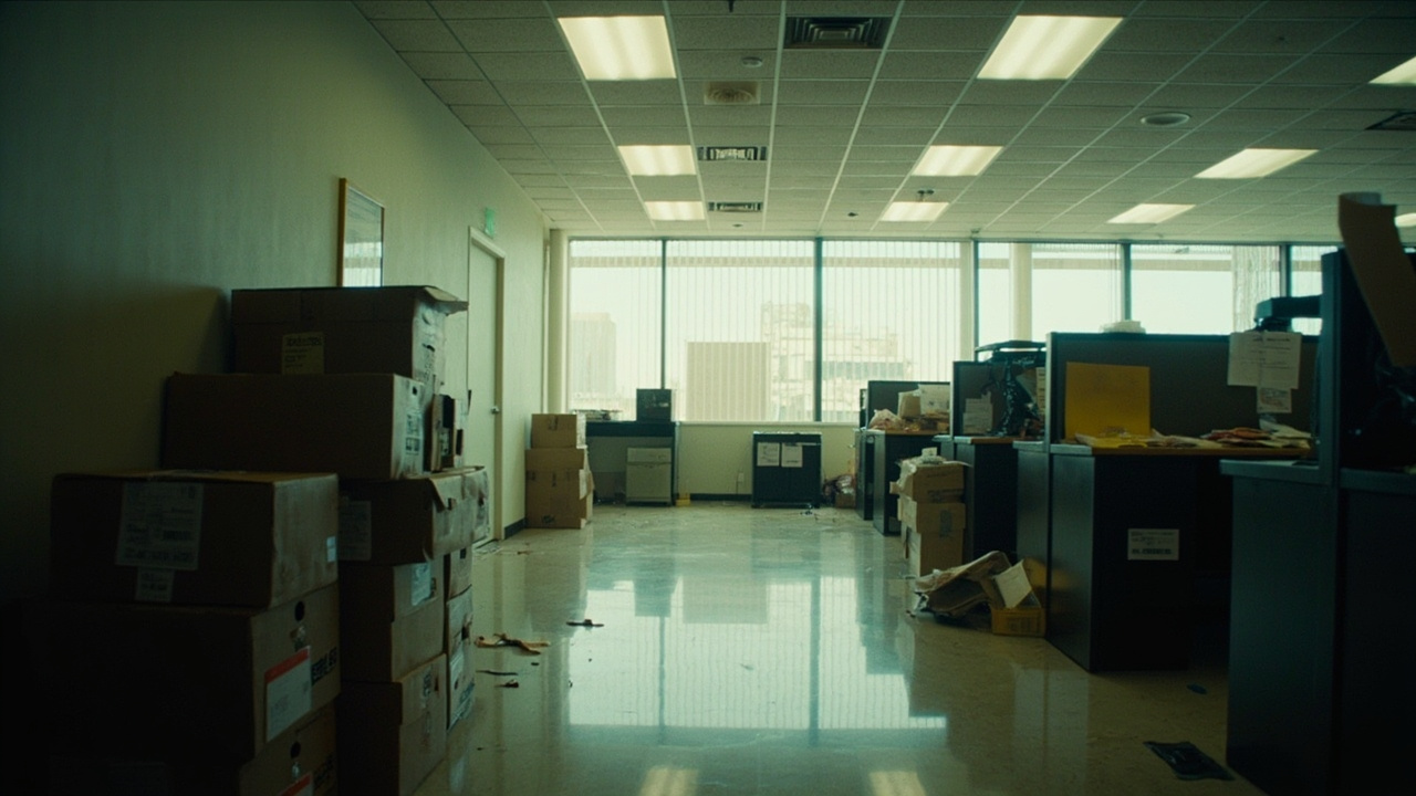 Empty office floor at a Disney corporate building in Burbank with moving boxes and scattered papers