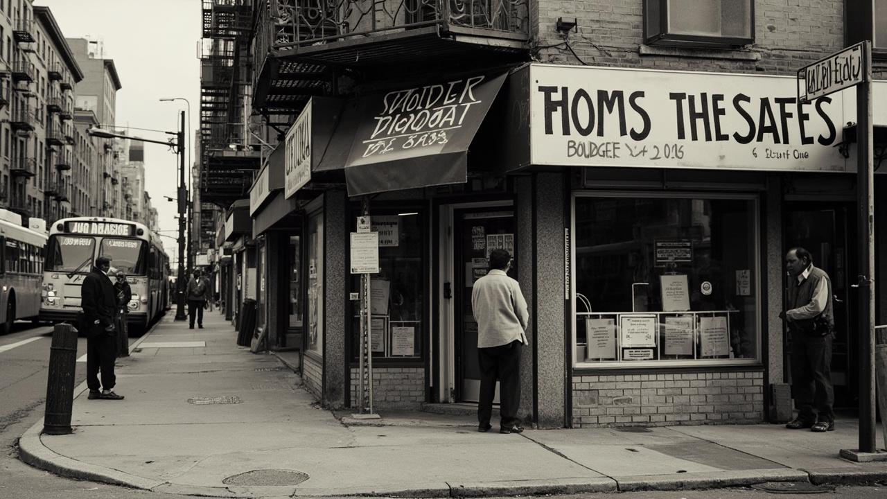 A Bronx street corner in Engel's former district at mid-morning, a corner bodega with fire-escapes overhead