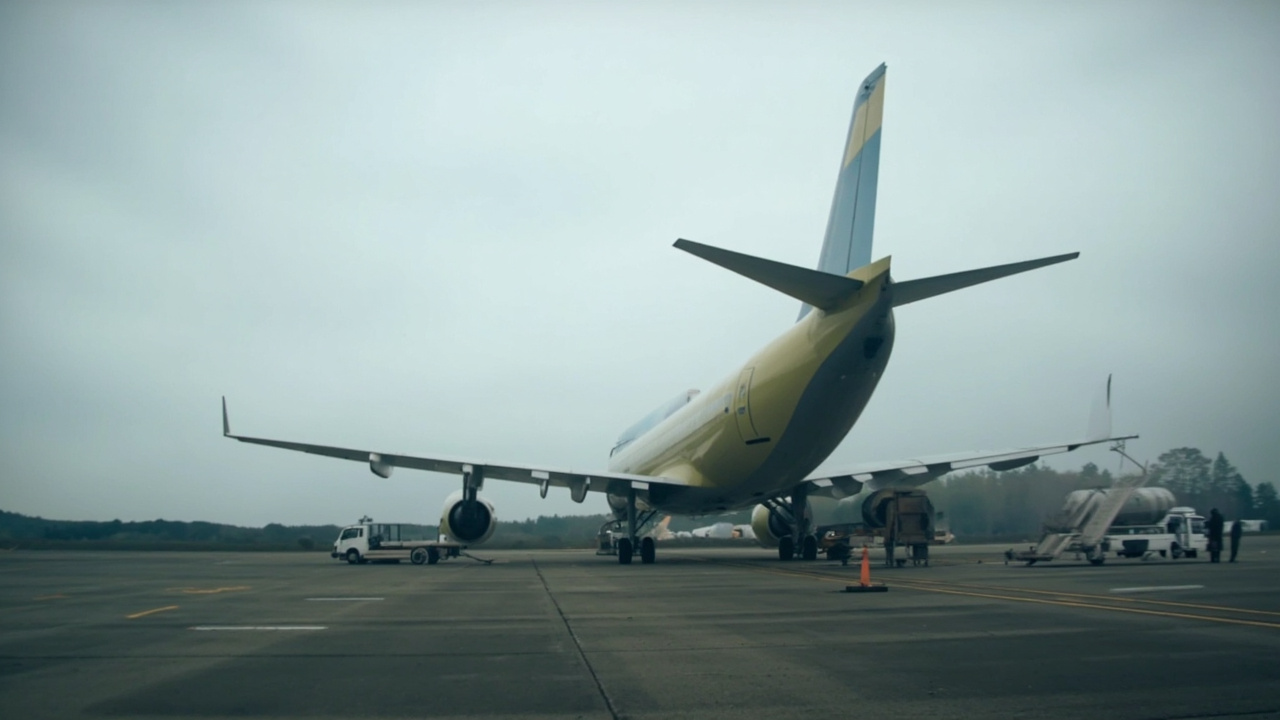 Commercial aircraft parked at a European airport terminal with refueling trucks idle on the tarmac under overcast skies