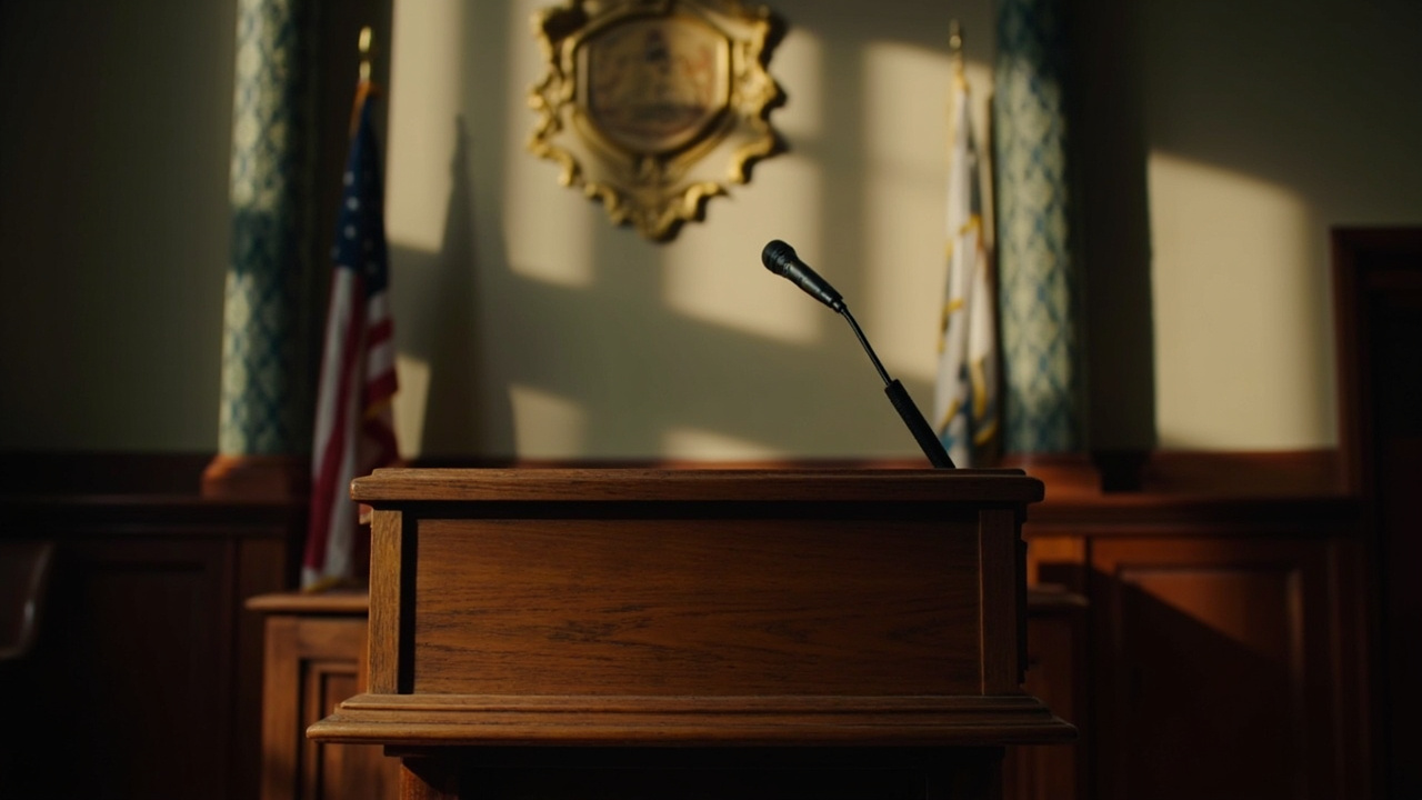 Empty wooden podium in a government building with Virginia state seal, no speaker present