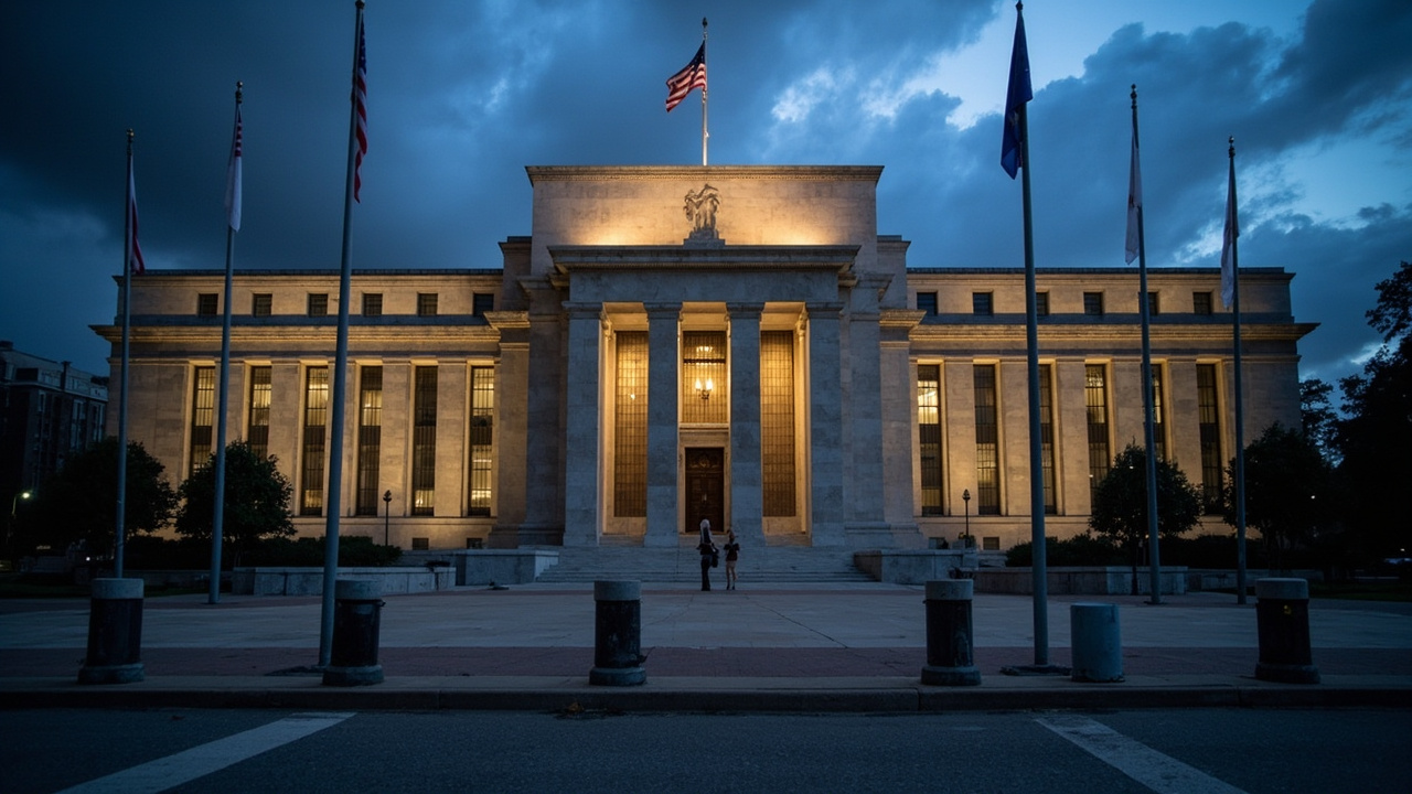 The Federal Reserve Bank of Atlanta building at dusk with flag at half-staff