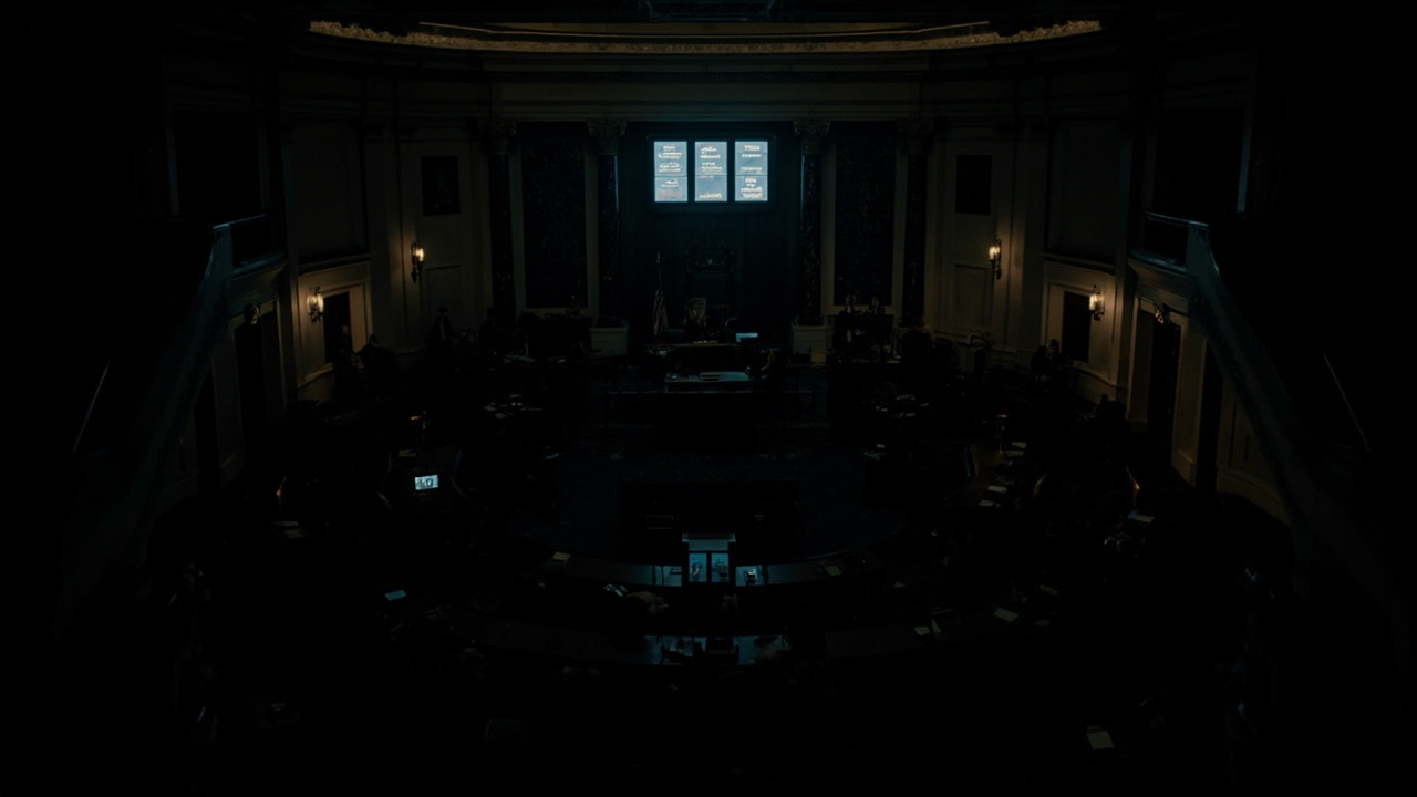 Empty House chamber at night with procedural screens dim