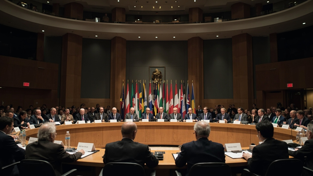 Finance ministers seated around a round table at the IMF Spring Meetings in Washington with flags behind them