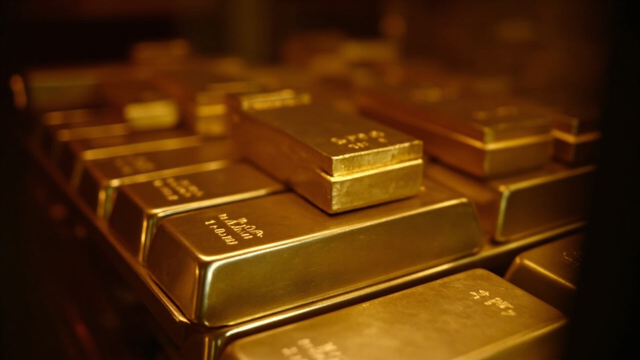 A stack of gold bullion bars in a secure vault under directional lighting