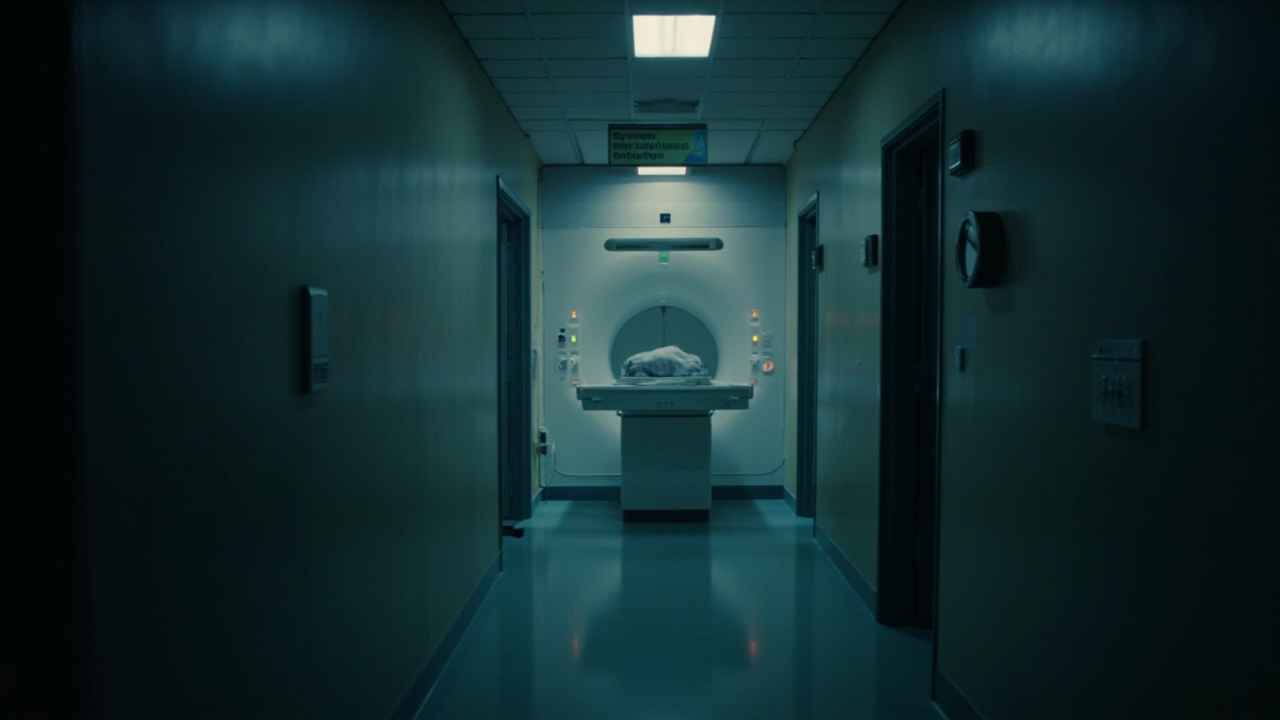 Hospital MRI machine in a dimly lit corridor with a temporarily unavailable sign