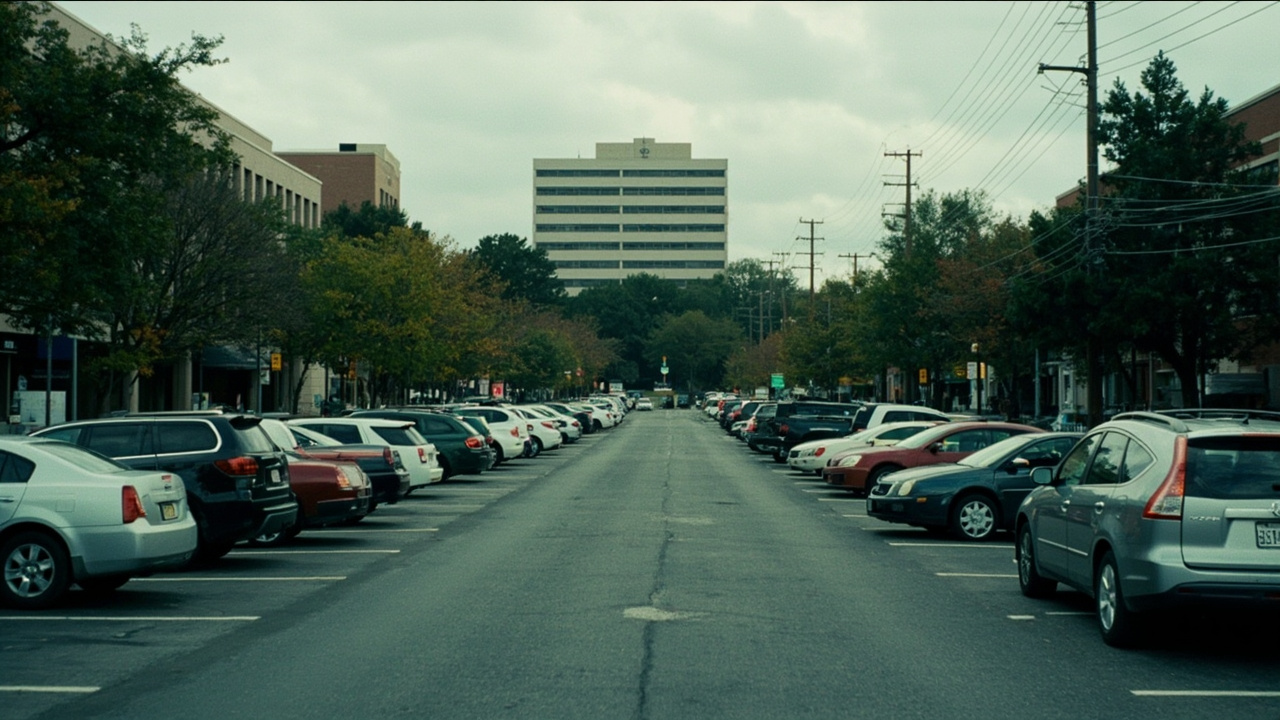 A suburban Atlanta corporate-park parking lot on a Monday morning, rows of cars freshly full, the office building behind