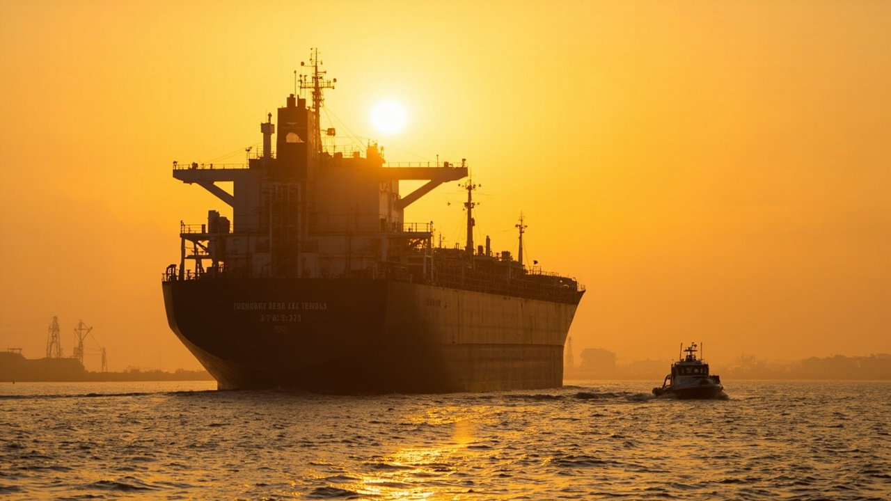 A crude oil supertanker at anchor outside Sikka port in Gujarat at sunrise, Indian coast in the distance