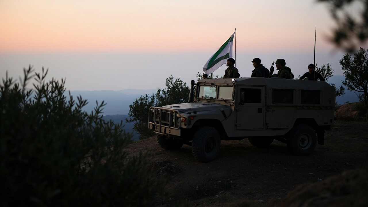 Israeli military vehicle on a southern Lebanon hillside at dusk with no truce markings