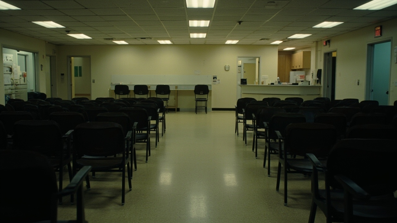 An empty waiting room at a state unemployment office in California with fluorescent lighting