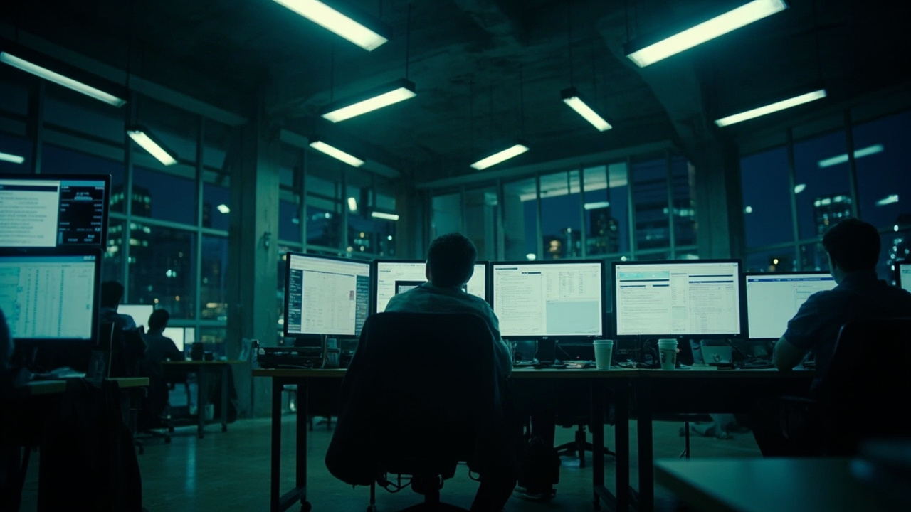 An open-plan office where analysts sit at individual screens reviewing documents they did not write
