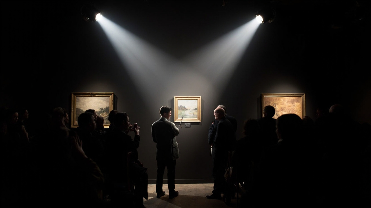 Sotheby's Paris auction room with bidders visible and a Monet landscape on display