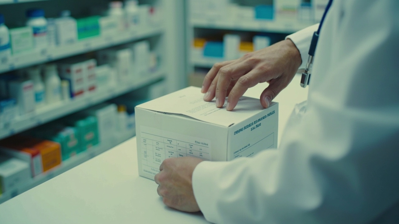 A pharmacy counter with a GLP-1 prescription box, a pharmacist's hands visible