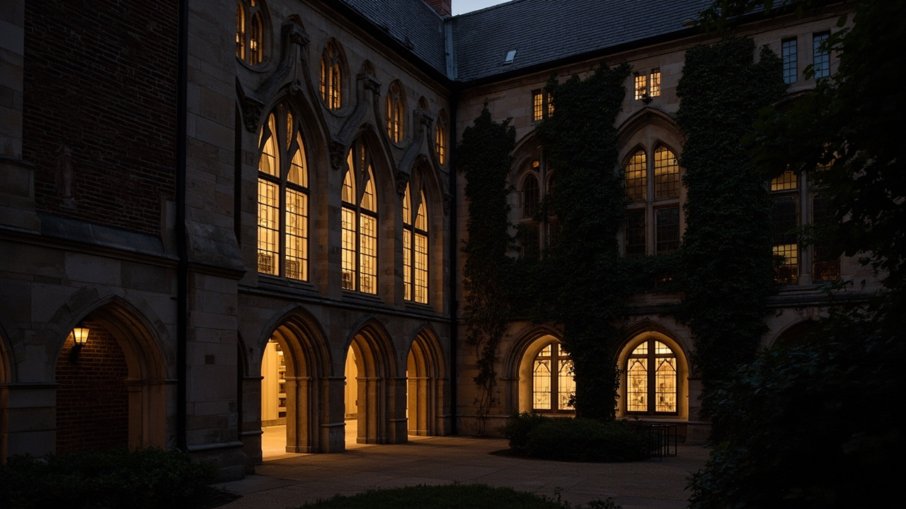 Yale Sterling Memorial Library gothic arches at dusk