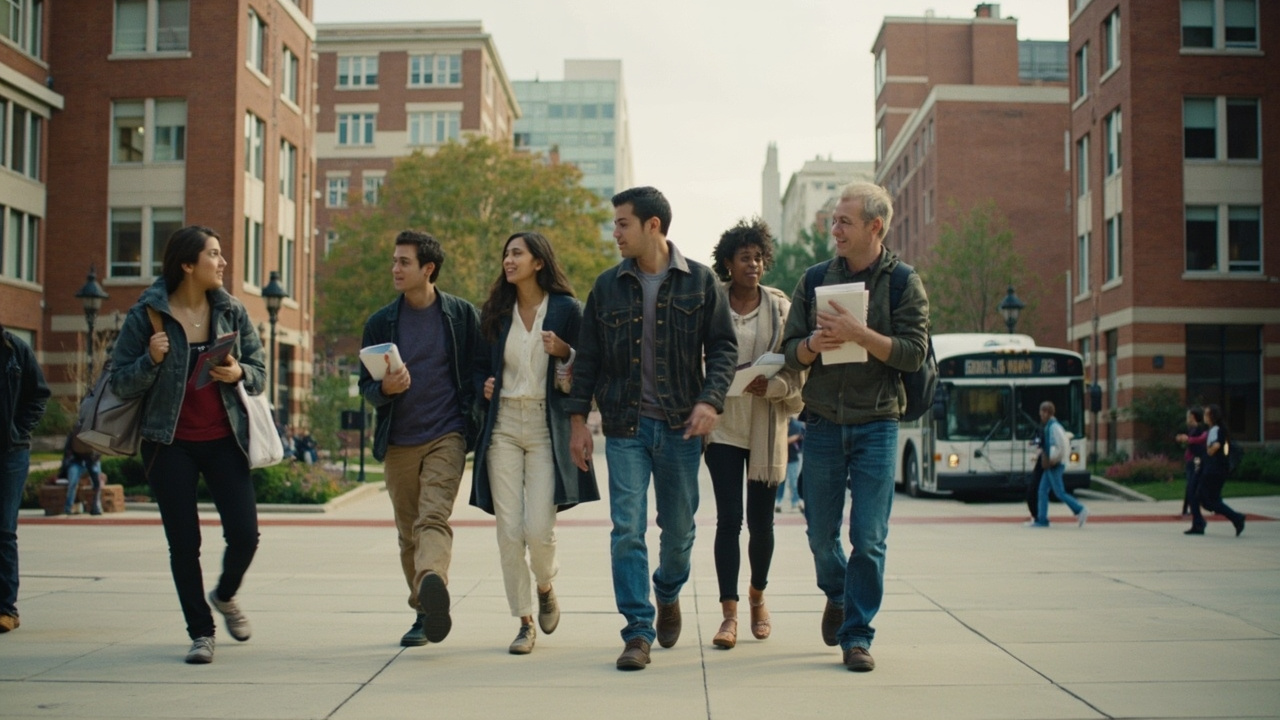 A community college campus quad at mid-morning, students of varied ages and backgrounds walking between buildings