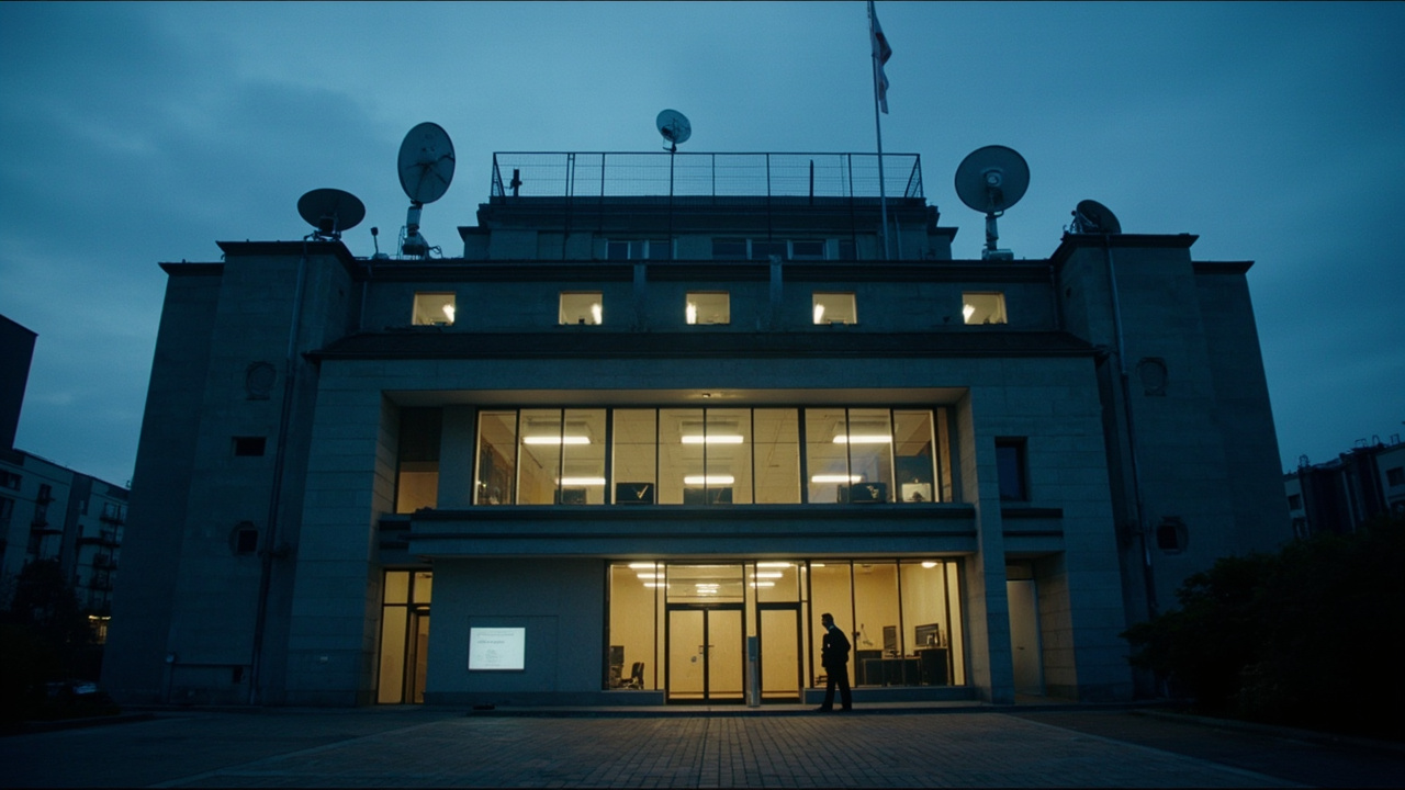 Hungarian state television headquarters in Budapest, satellite dishes on the roof, empty broadcast floor visible through a window