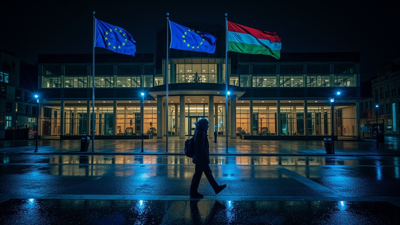 European and Hungarian flags illuminated at night outside the Berlaymont building in Brussels