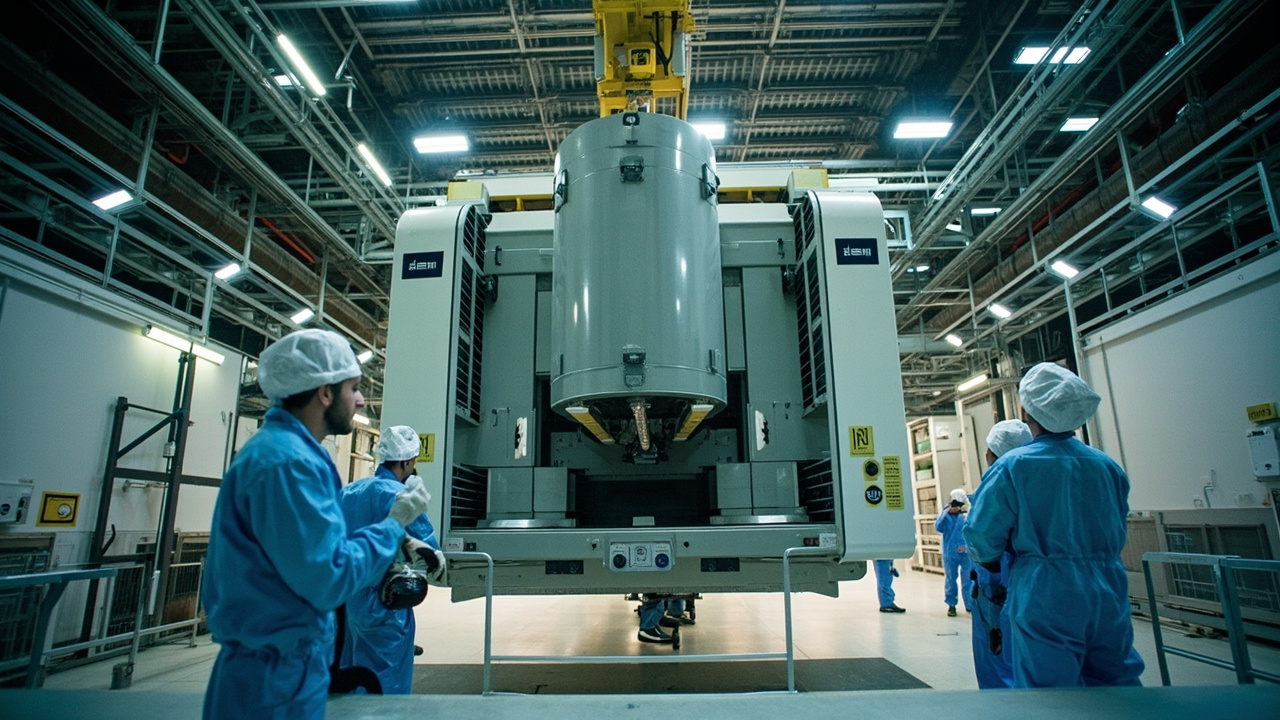 A lithography machine being craned into a cleanroom at a semiconductor fabrication plant