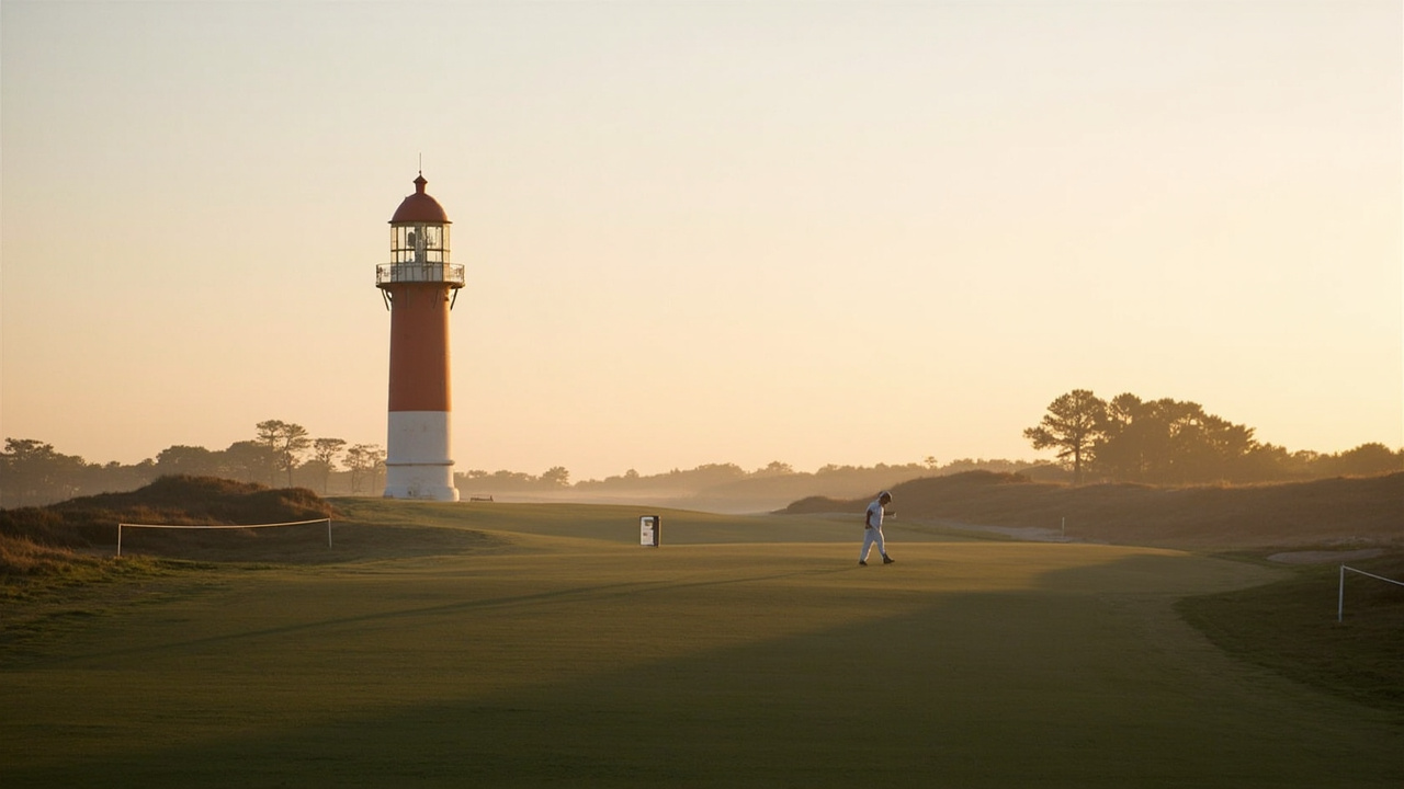 Harbour Town's red-and-white lighthouse at first light with an empty 18th fairway in the foreground