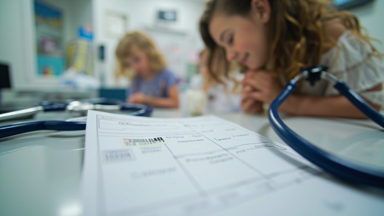 A child's paper vaccination record with an MMR sticker visible, lying on a pediatric clinic counter beside a stethoscope