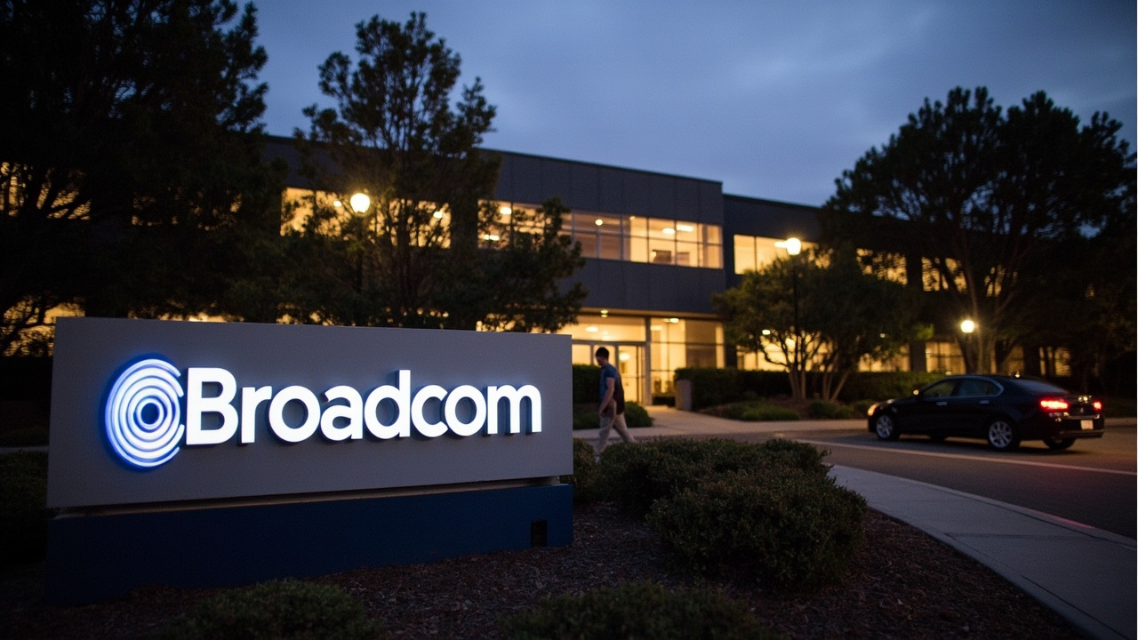 A Broadcom campus sign at dusk in Palo Alto with office windows lit behind trees