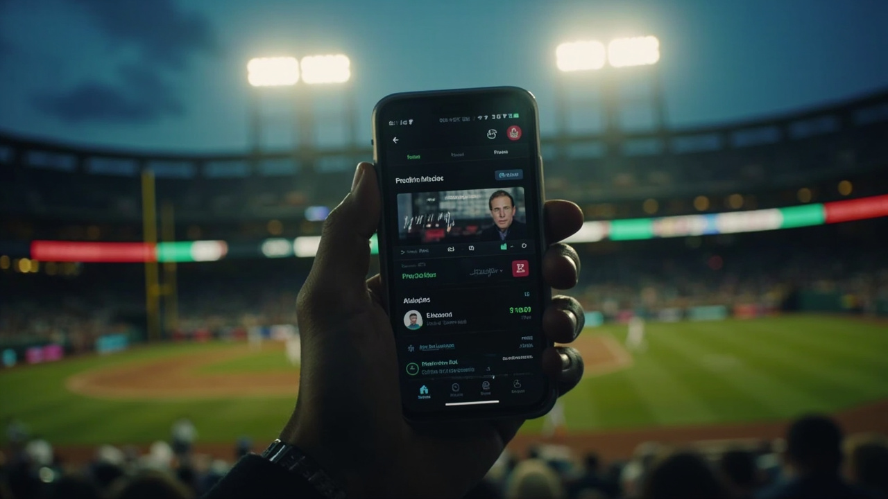 Smartphone displaying a betting app with a baseball stadium in soft focus behind it