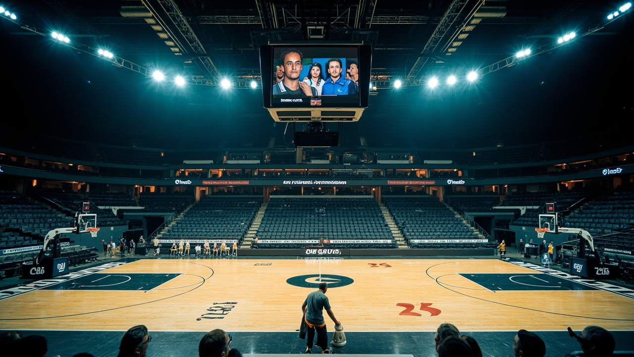 A vacant European basketball arena at midday with empty seats and a hardwood floor being polished