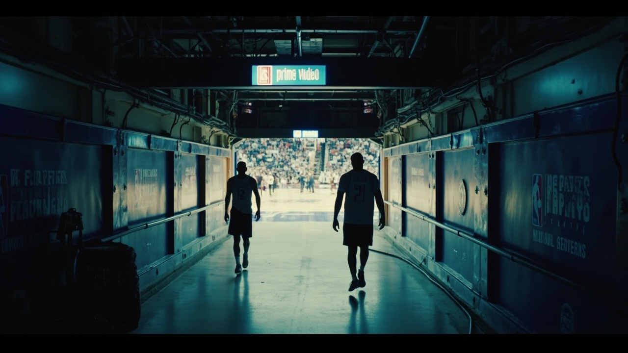 An NBA arena tunnel view with Prime Video and NBA logos, a player walking toward the court under tunnel lighting