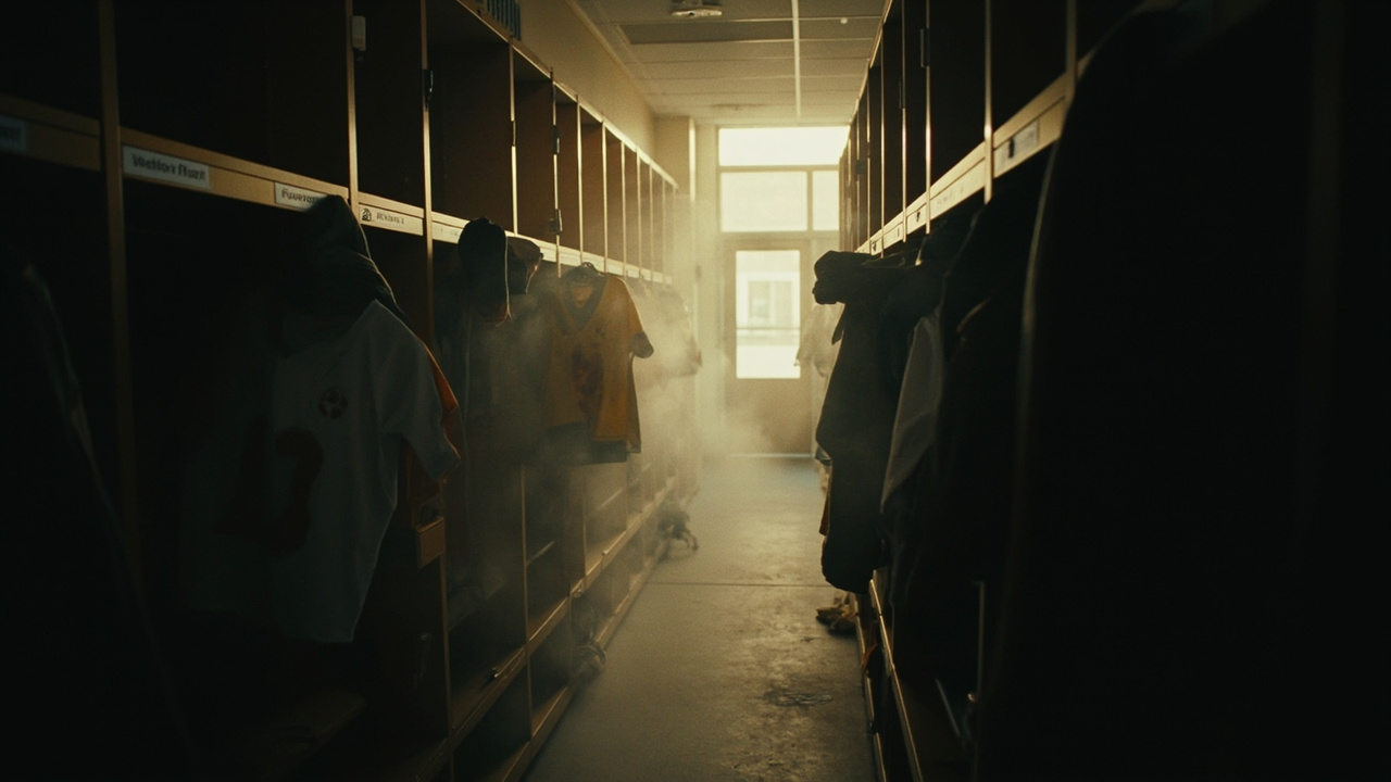 An empty Power-Four locker room at dawn, lockers open, jerseys swapped between nameplates, dust motes in slanted light