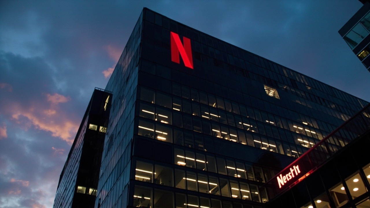Netflix headquarters in Los Gatos at dusk with the red N logo illuminated