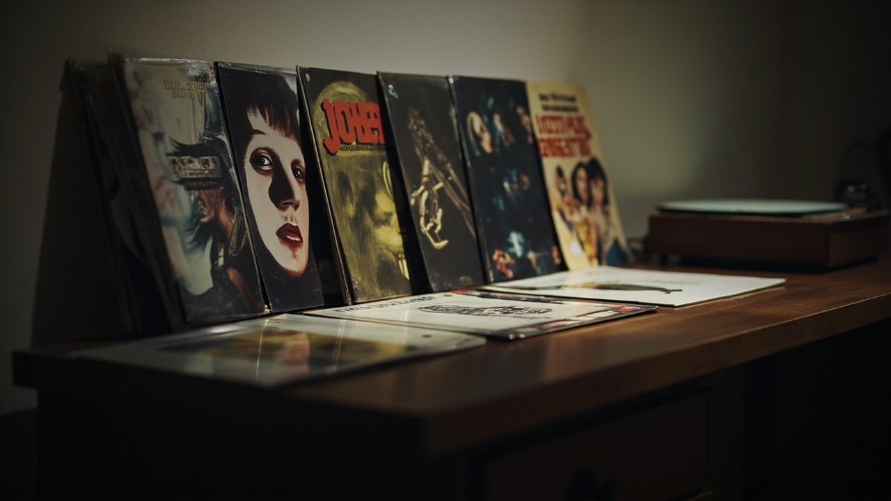 Three vinyl record covers arranged side by side on a wooden table
