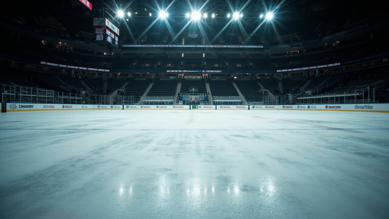 KeyBank Center ice at dawn, freshly resurfaced with fading Zamboni tracks, rows of empty seats above the boards