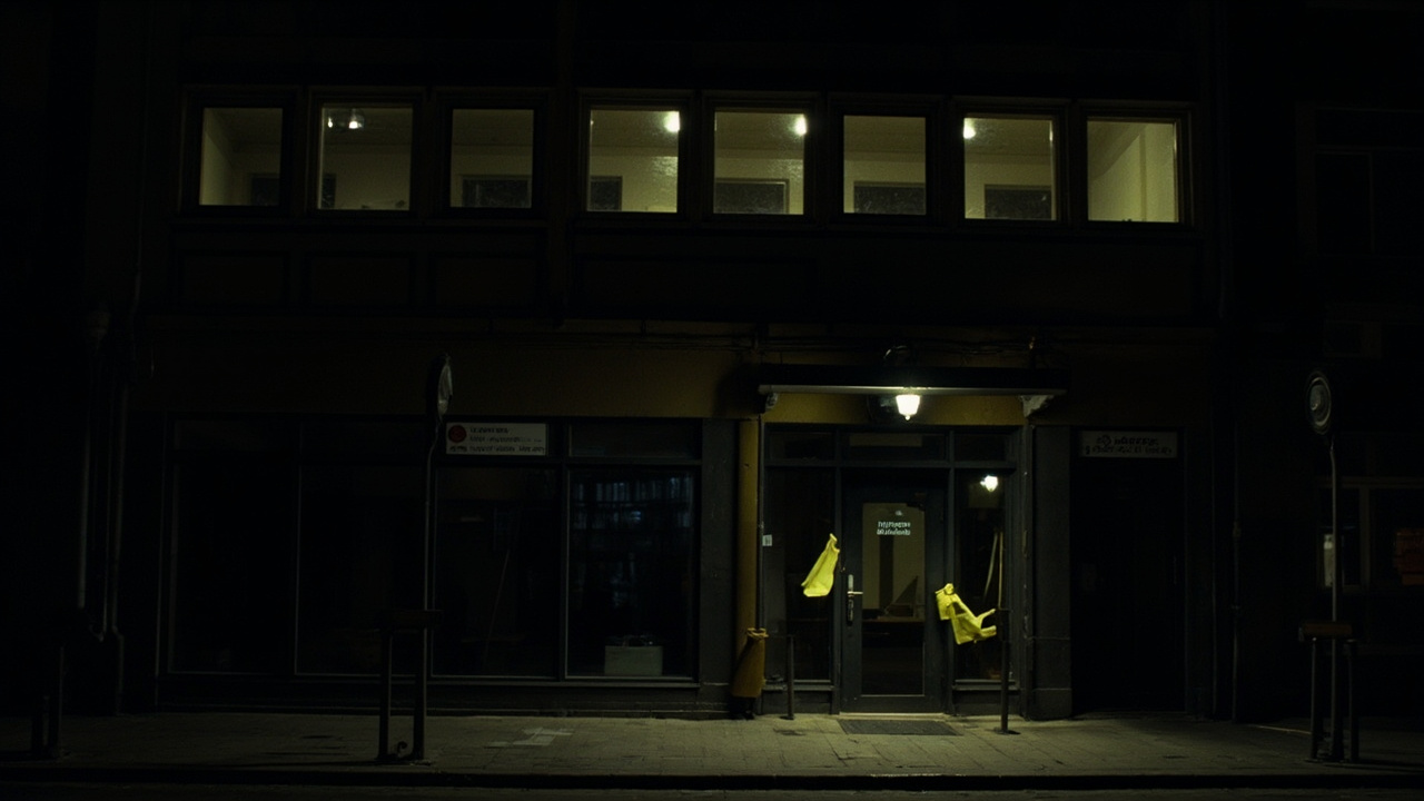 Novaya Gazeta's Moscow office entrance at night, darkened windows, police tape remnants on the door