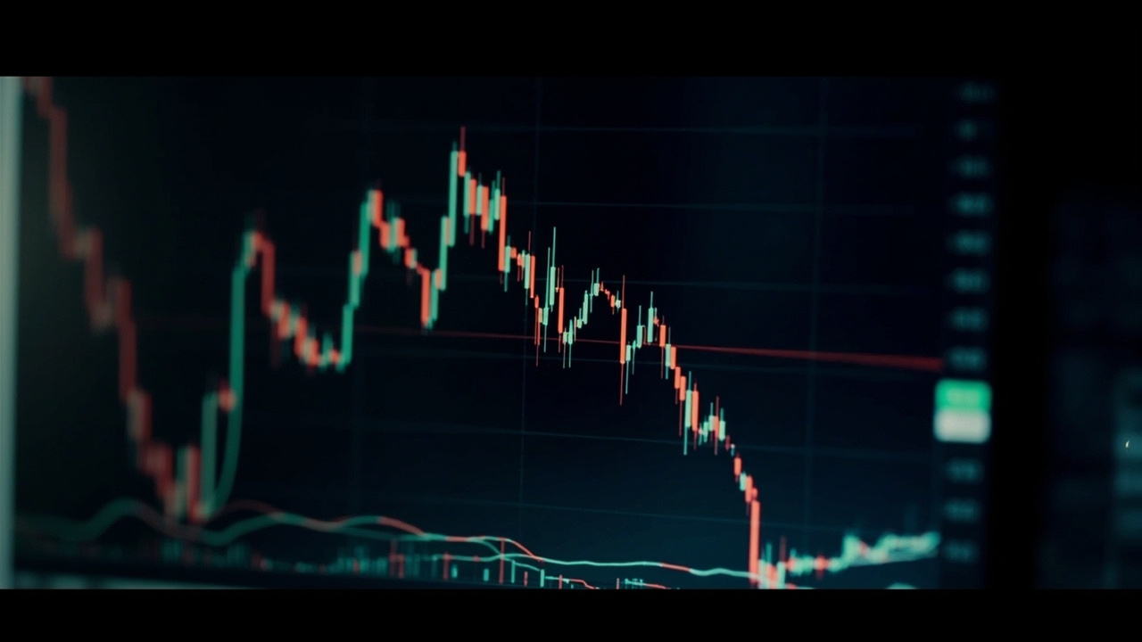 Oil trading terminal displaying four-day Brent crude price chart with arrows showing directional reversals