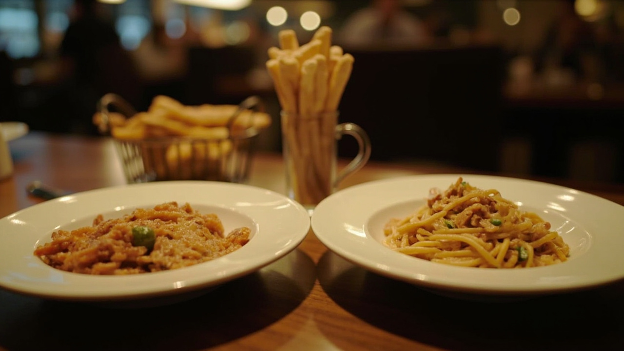 A half-portion pasta entrée beside a full entrée on identical white plates under identical restaurant lighting