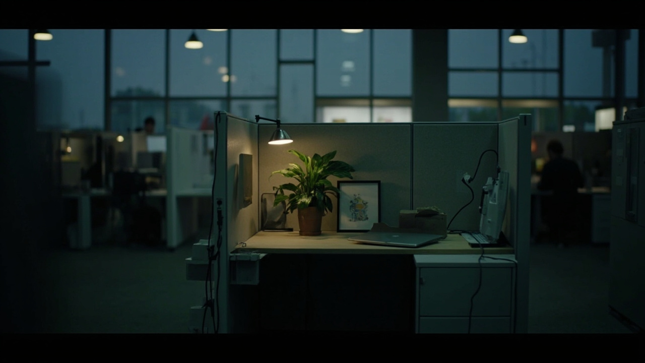 An empty corporate cubicle with a laptop, a badge lanyard, and a cardboard box on the desk