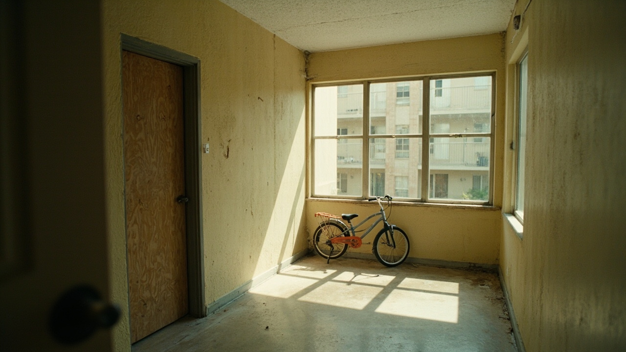 The empty courtyard of an Orlando apartment complex at midday, plywood covering a door and a child's bicycle left by a balcony rail