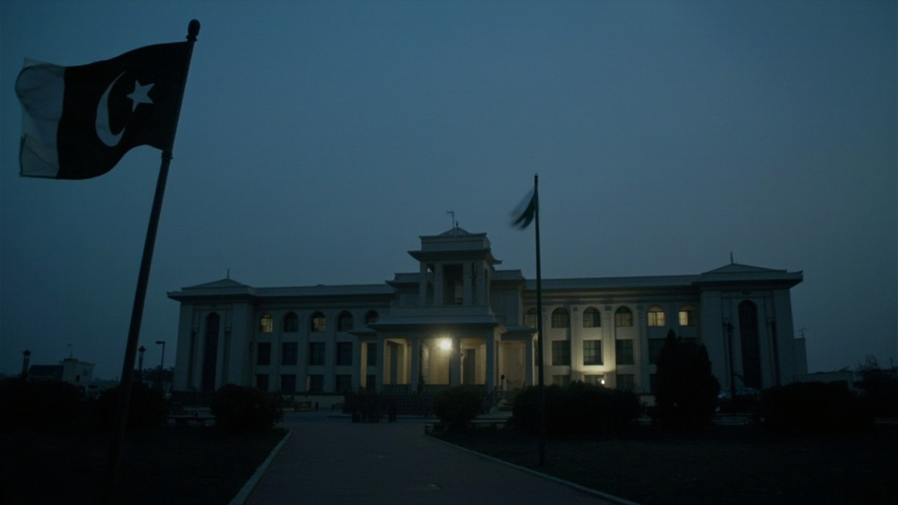 Pakistan Foreign Ministry building at dusk with flags