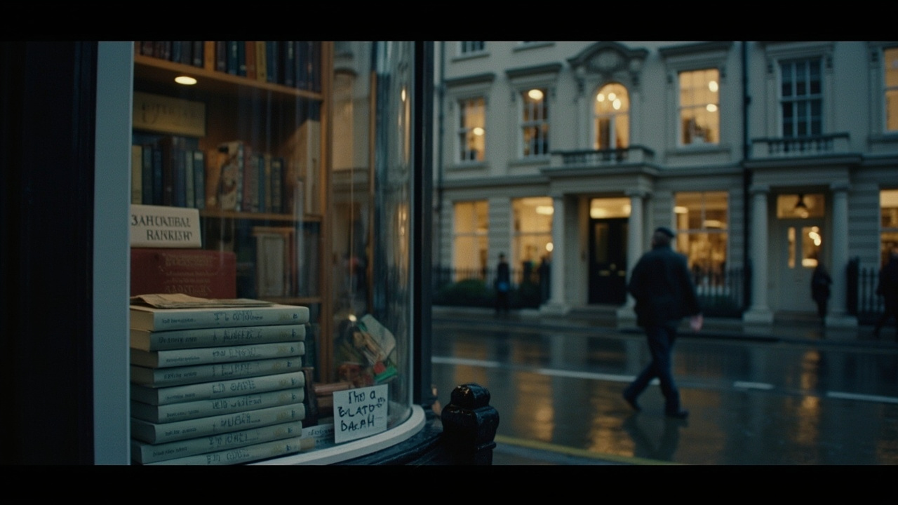 A bookshop window in central London at dusk showing Patrick Radden Keefe's London Falling stacked beside a reflection of a Mayfair townhouse