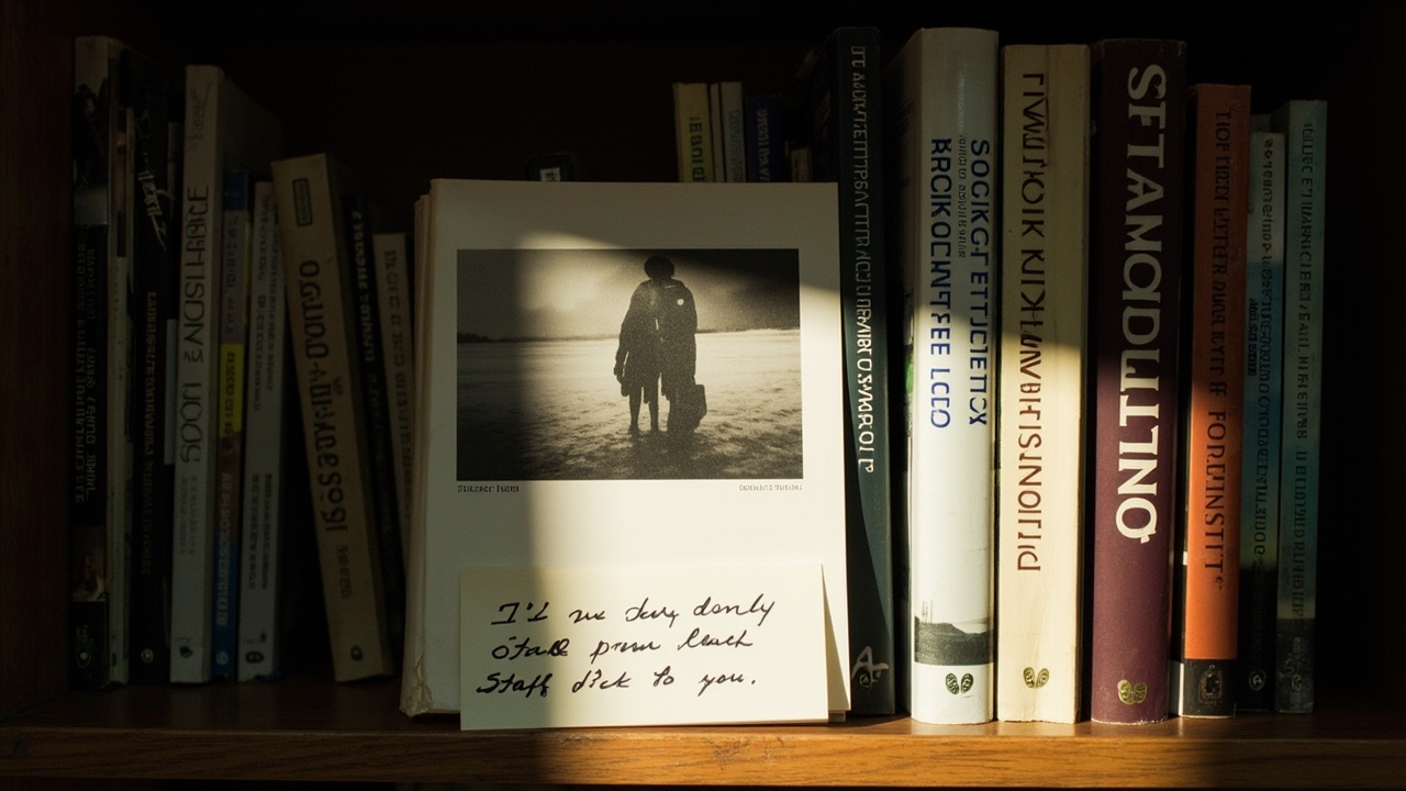 A small-press paperback face-out on a bookstore staff-pick shelf with a handwritten card beneath it in late-day window light