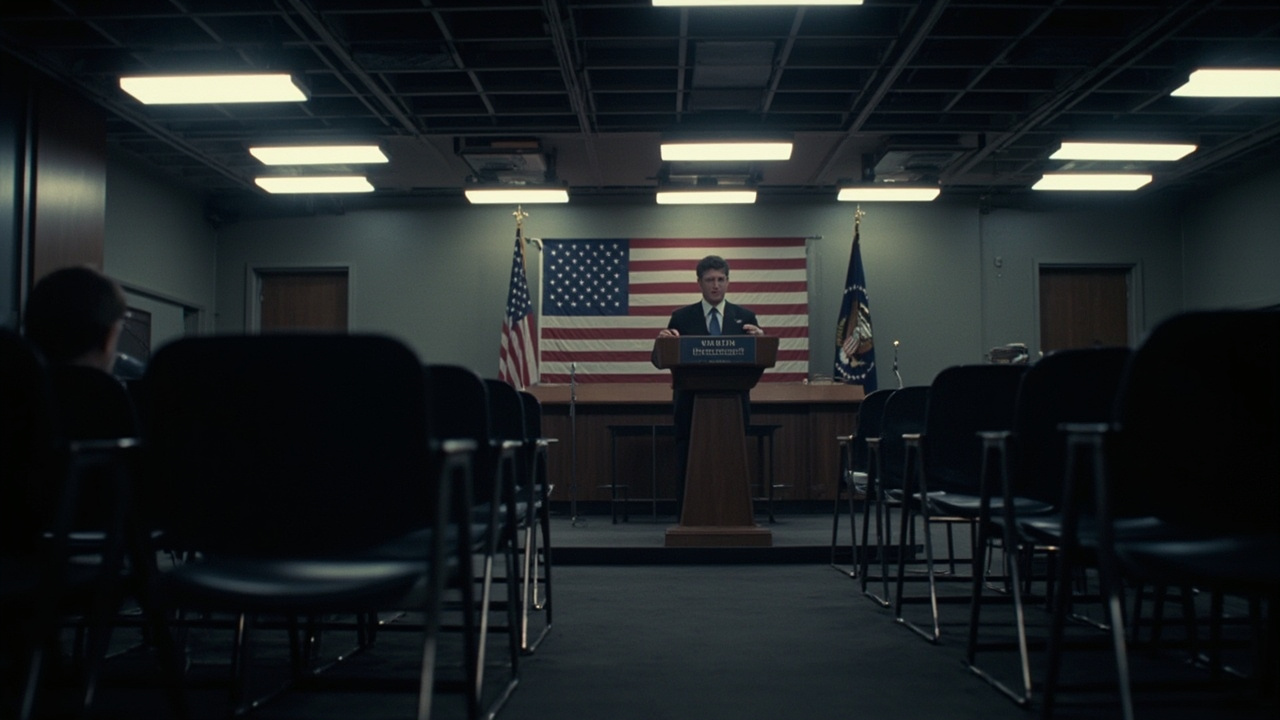 An empty Pentagon press briefing room, podium and rows of unfilled chairs under harsh overhead lighting