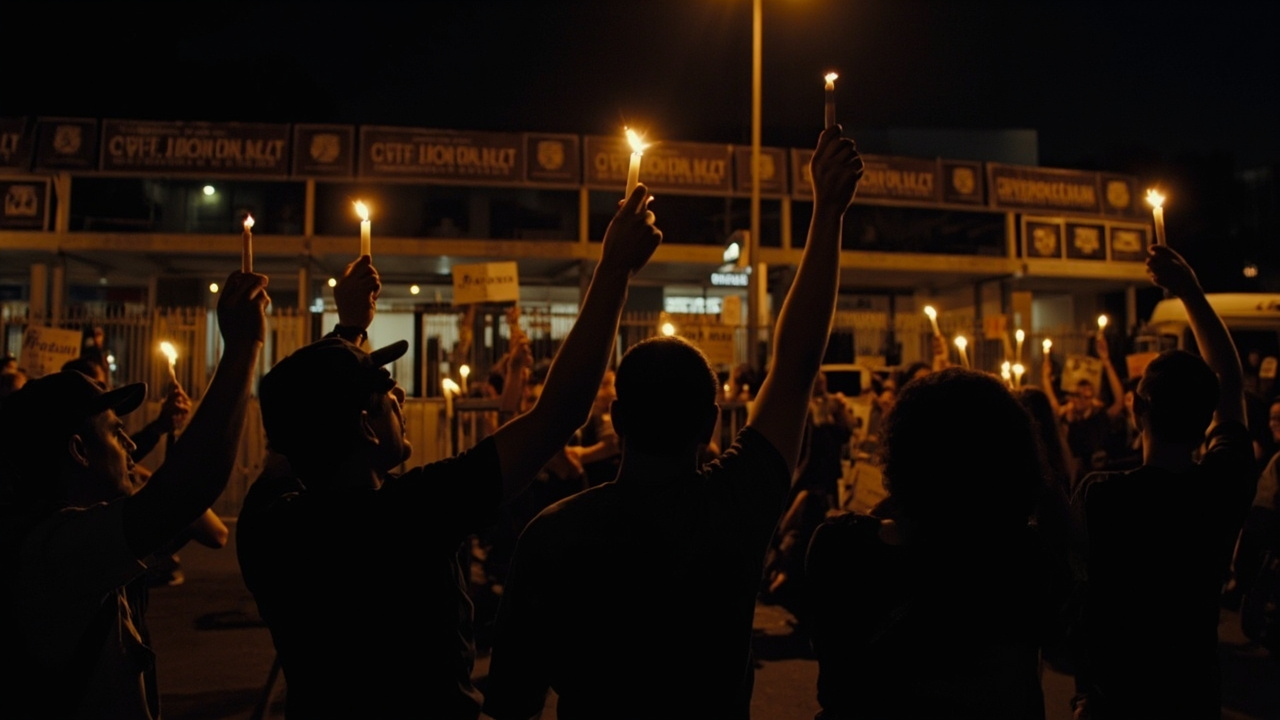 Peruvian protesters outside the National Elections Board building at night with police barriers and election banners