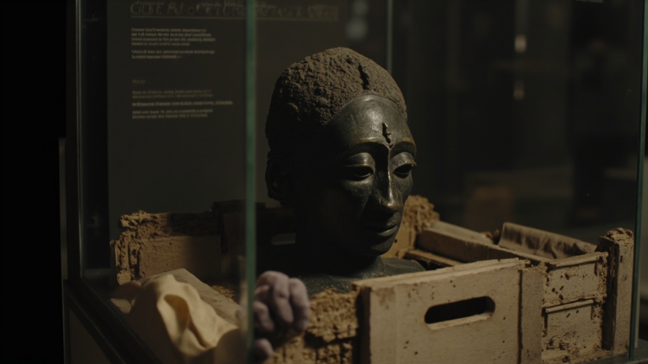 A Benin bronze head partially removed from a museum vitrine, a padded transport crate visible at the edge of the frame